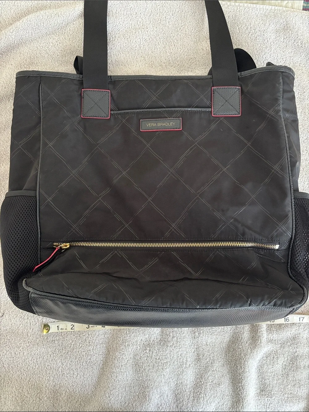 Vera Bradley Black Quilted Laptop Tote with Red Stitching